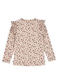 Long-sleeve top in cream with a floral print featuring small pink and black flowers. Ruffle detail at shoulder. Soft, lightweight fabric.