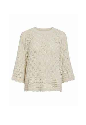 Krém színű kötött pulóver gyémánt és hullámos mintákkal, széles ujjak és kerek nyakvonal jellemzi.