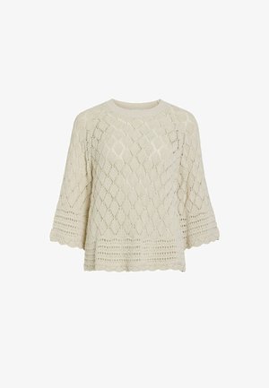 Krém színű kötött pulóver gyémánt és hullámos mintákkal, széles ujjak és kerek nyakvonal jellemzi.