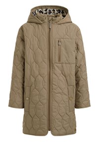 Abrigo exterior acolchado beige con capucha, cierre frontal de cremallera, bolsillo en el pecho izquierdo y forro de estampado de leopardo. Presenta accesorios de botones a presión.