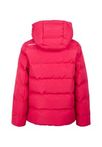 Rote Pufferjacke mit Kapuze, die eine gesteppten Textur, sichtbare Nähte und ein Logo auf der Schulter aufweist. Die Rückansicht zeigt das Design und die Form.
