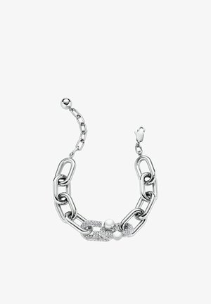 Hõbedast kett käevõru, millel on suured omavahel ühinevad lülid, kaunistatud läbipaistvate kristallide ja kahe valge ümmarguse pärliga. Reguleeritav kinnitusega sulgur.