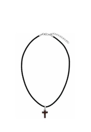 Collana con cordoncino nero intrecciato con chiusura in argento e piccolo ciondolo a croce in argento con inserto scuro.