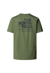 Zelené bavlněné tričko s krátkými rukávy, na zadní straně s velkým černým grafickým potiskem, který obsahuje text "THE NORTH FACE" a design hory.