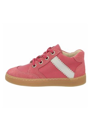 Pink leather and suede sneaker with white zigzag stripe on side, red laces, metal eyelets, and tan rubber sole.