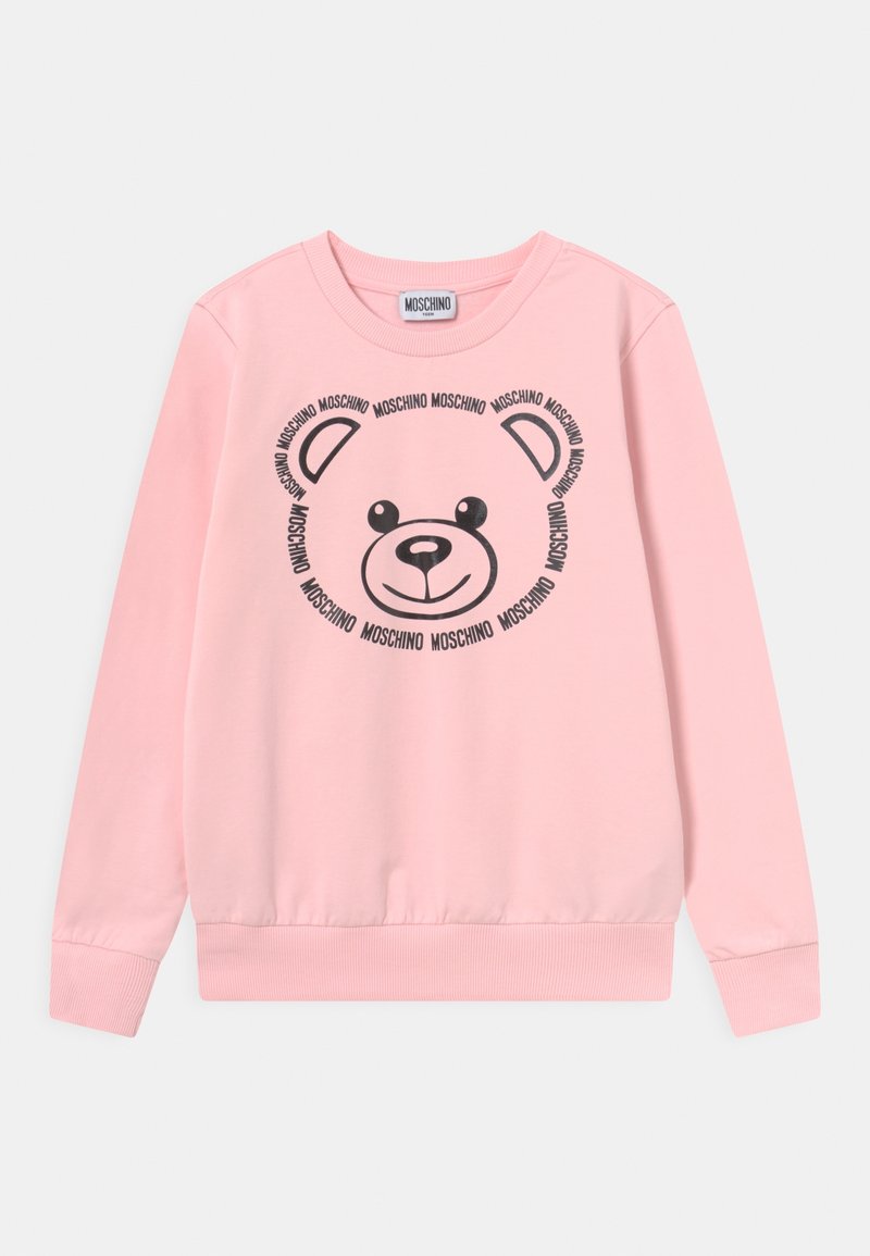 Sweatshirt rose à manches longues avec un visage d'ours en peluche noir délimité par le texte répété "Moschino" sur la poitrine, avec des poignets et un ourlet côtelés.