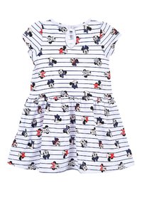Robe blanche à manches courtes avec des rayures horizontales bleues et rouges, ornée d'un motif ludique des personnages Mickey et Minnie Mouse.