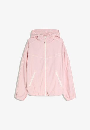 Lichtroze hoodie met ritssluiting aan de voorkant en twee zakken met rits, voorzien van witte biezen langs de mouwen en borst.