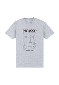 Šedé bavlněné tričko s minimalistickým liniovým kreslením obličeje a nápisem "PICASSO" a "Hlava dívky" v tmavě vínové barvě.