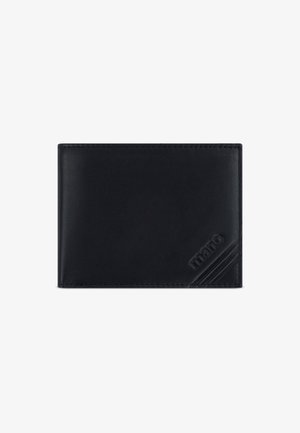 Zwarte lederen portemonnee met gestikte randen en een gegraveerd "mano" logo met drie diagonale lijnen in de rechteronderhoek.