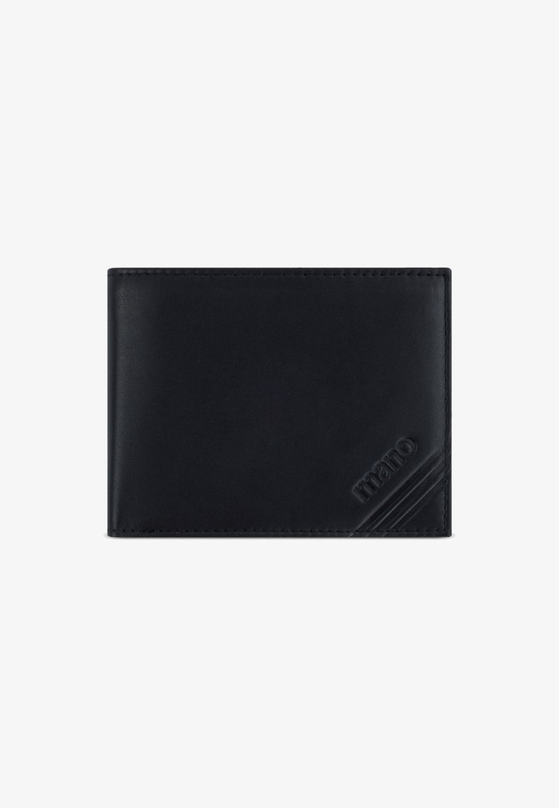 Zwarte lederen portemonnee met gestikte randen en een gegraveerd "mano" logo met drie diagonale lijnen in de rechteronderhoek.