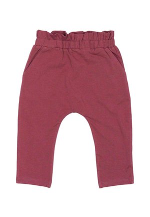 Burgundy bomullsbyxor med elastisk midja, sidofickor och en avslappnad passform med avsmalnande ben. Mjuk textur och minimalistisk design.
