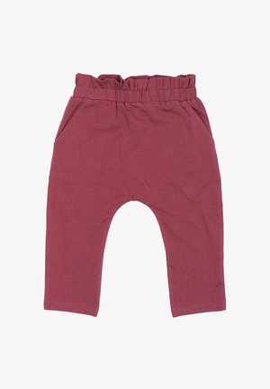 Bordové bavlnené nohavice s elastickým pásom, bočnými vreckami a voľným strihom s zužujúcimi sa nohavicami. Mäkká textúra a minimalistický dizajn.