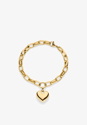 Goldplatedes Gliederarmband mit länglichen Gliedern und einem polierten Herz-Anhänger mit glänzender Metalloptik.