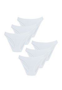 Pakket van zes witte katoenen slips met een gladde textuur, een laag uitgesneden ontwerp en gestikte naden, zonder zichtbare patronen of accenten.