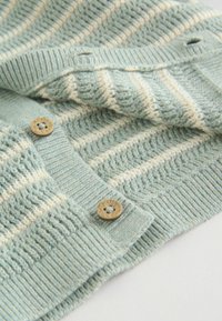 Svetlomodri pleteni kardigan s kremnimi vodoravnimi črtami, teksturiranim rebrastim vzorcem in rjavnimi gumbi s cvetličnim vzorcem.