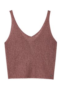 Débardeur en maille sans manches de couleur rose poudré avec un col en V et une petite étiquette rectangulaire de la marque près de l'ourlet inférieur.