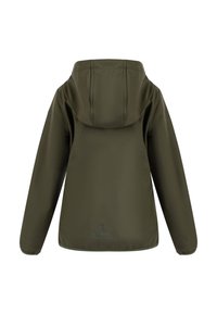Jachetă verde măsliniu cu glugă, având o textură fină și o formă ușor ajustată. Include detalii cusute și un logo pe tiv.