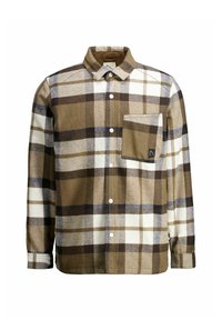 Braun-beige-weißer und grauer karierter Flanellhemd mit langen Ärmeln, Knöpfen vorne und einer Brusttasche auf weißem Hintergrund.