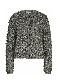 Gestructureerde zwart-wit cardigan met een ronde hals, lange mouwen en grote zwarte knopen, voorzien van een fluffy, lussen-garen door het hele ontwerp.
