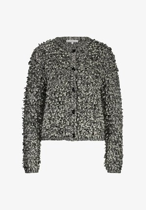 Gestructureerde zwart-wit cardigan met een ronde hals, lange mouwen en grote zwarte knopen, voorzien van een fluffy, lussen-garen door het hele ontwerp.