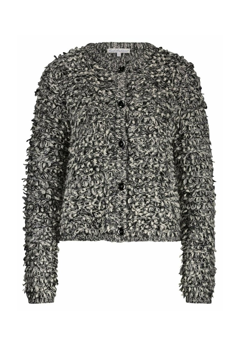 Gestructureerde zwart-wit cardigan met een ronde hals, lange mouwen en grote zwarte knopen, voorzien van een fluffy, lussen-garen door het hele ontwerp.
