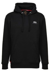 Felpa nera in tessuto misto cotone, con tasca frontale, cappuccio con cordino e un piccolo logo bianco sul petto.