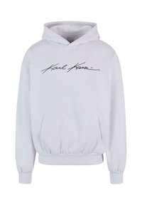 Sudadera blanca con bolsillo tipo canguro, puños y cintura acanalados. Presenta el logo en cursiva negro "Karl Kani" en la parte delantera.