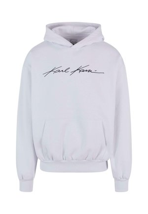 Balts džemperis ar kangaroo kabatu, ribotām aprocēm un vidukļa daļu. Priekšpusē ir melna slīpkursa "Karl Kani" logo.