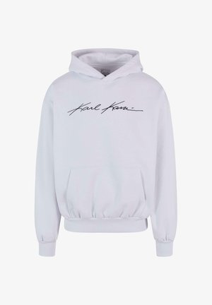 Bela kapuca z kenguru žepom, rebrastim manžetama i pojasom. Na prednji strani se nalazi crni kurzivni logo "Karl Kani".