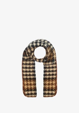 Strikket tørklæde med mønster i brunt, sort og beige hundetandsmønster, vist loopet med enderne hængende ned mod en hvid baggrund.