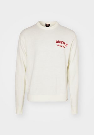 Cremefarbener gestrickter Pullover mit langen Ärmeln, rundem Hals und geripptem Saum. Verfügt über das rot gestickte "DICKIES"-Logo auf der Brust.