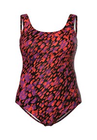 Maillot de bain une pièce avec une base noire ornée de motifs abstraits rouges et violets éclatants. Les bretelles sont larges et le matériau semble lisse.