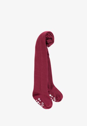 Burgunderfarbene Strumpfhosen aus glattem Material mit nahtlosem Design und weißen Sternakzenten an den Füßen.