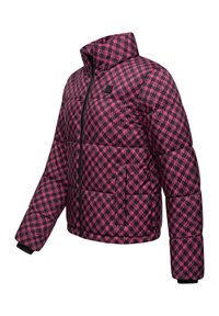 Gevoerde jas met een roze en zwarte geometrische print, hoge kraag, ritssluiting aan de voorkant en elastische manchetten. Gemaakt van synthetisch materiaal.