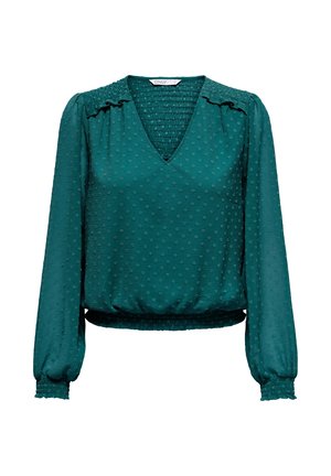 Sinakas roheline pika varrukaga pluus V-kaelusega, tekstuurse täpilise mustri, kogutud õlgade ning elastsete mansettide ja vöökohaga.