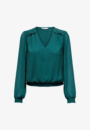 Sinakas roheline pika varrukaga pluus V-kaelusega, tekstuurse täpilise mustri, kogutud õlgade ning elastsete mansettide ja vöökohaga.