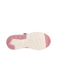 Schuhsohle mit einem strukturierten Muster; Gummimaterial in Weiß und Pink mit einem ausgeprägten Profildesign für Haftung.