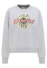 Felpa grigia chiara a girocollo con maniche lunghe, caratterizzata da una grafica di un girasole e dalla scritta "KANSAS" in lettere rosa in grassetto.