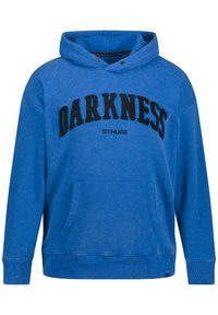 Niebieska bluza z kapturem wykonana z mieszanki bawełny, z kieszenią kangurką z przodu, kapturem ze sznurkiem i czarnym napisem "DARKNESS" na piersi.