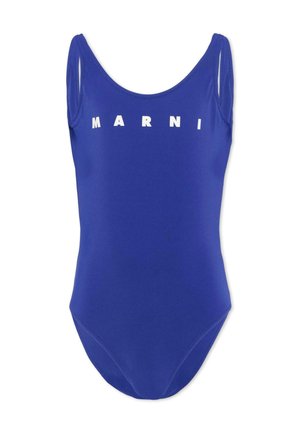 Costume intero blu con logo "MARNI" bianco centrato sul petto, caratterizzato da spalline larghe e scollatura a U.