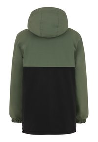 Veste à capuche avec une moitié supérieure verte et une moitié inférieure noire. Fabriquée en tissu lisse avec des poignets élastiques. La vue arrière présente un design simple.