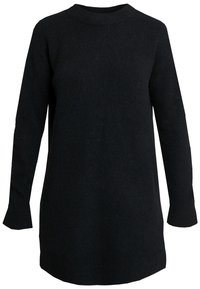 Abito nero a maglia con maniche lunghe, scollatura a giro e polsini leggermente svasati. Tessuto morbido con un colore uniforme, stile a media lunghezza.