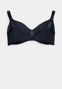 Black underwire bra with smooth, matte fabric. Features adjustable straps and a hook clasp at the back. Design emphasizes comfort and support.