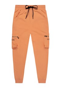 Orangene Sweatpants aus weichem Stoff, mit einem elastischen Bund und Kordelzug, zwei Seitentaschen und Cargo-Taschen mit Reißverschlüssen.