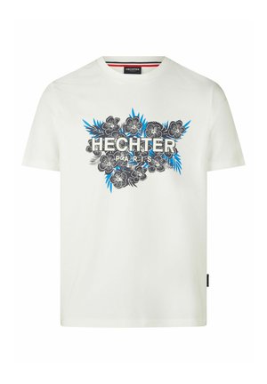 Weißes T-Shirt aus Baumwolle mit einem floralen Grafikdesign in Schwarz und Blau, mit dem zentral angeordneten Text "HECHTER PARIS". Kurze Ärmel und runder Ausschnitt.