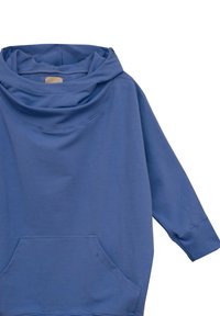 Niebieski sweter z kapturem, długimi rękawami i kieszenią z przodu. Wykonany z miękkiej tkaniny o gładkiej fakturze i prostym wzorze.