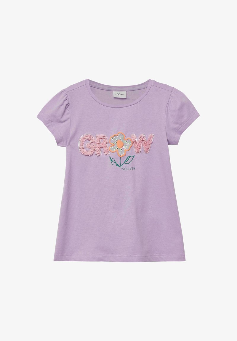 T-shirt court à manches courtes lavande avec "GROW" en sequins roses et un motif floral avec des feuilles vertes et des accents orange sur la poitrine.