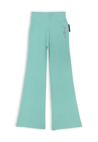 Pantaloni larghi color turchese chiaro realizzati in morbido materiale, con una vita alta e un piccolo logo rosa sul lato. Texture liscia.