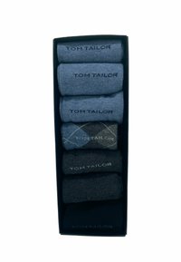 Set aus sieben Socken in unterschiedlichen Blau- und Grautönen. Enthält einfarbige Modelle und ein Argyle-Muster. Alle mit dem Label "TOM TAILOR" versehen.